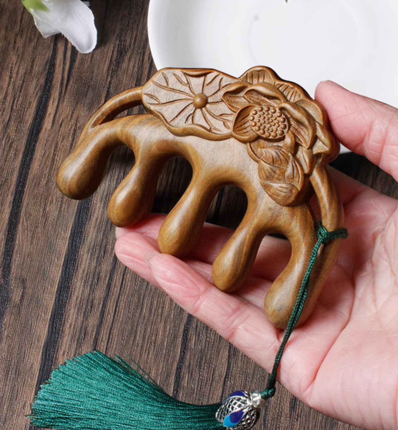 Handmade Green Sandalwood Gua Sha Comb: Scalp Massage with Engravings