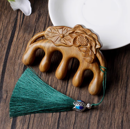 Handmade Green Sandalwood Gua Sha Comb: Scalp Massage with Engravings